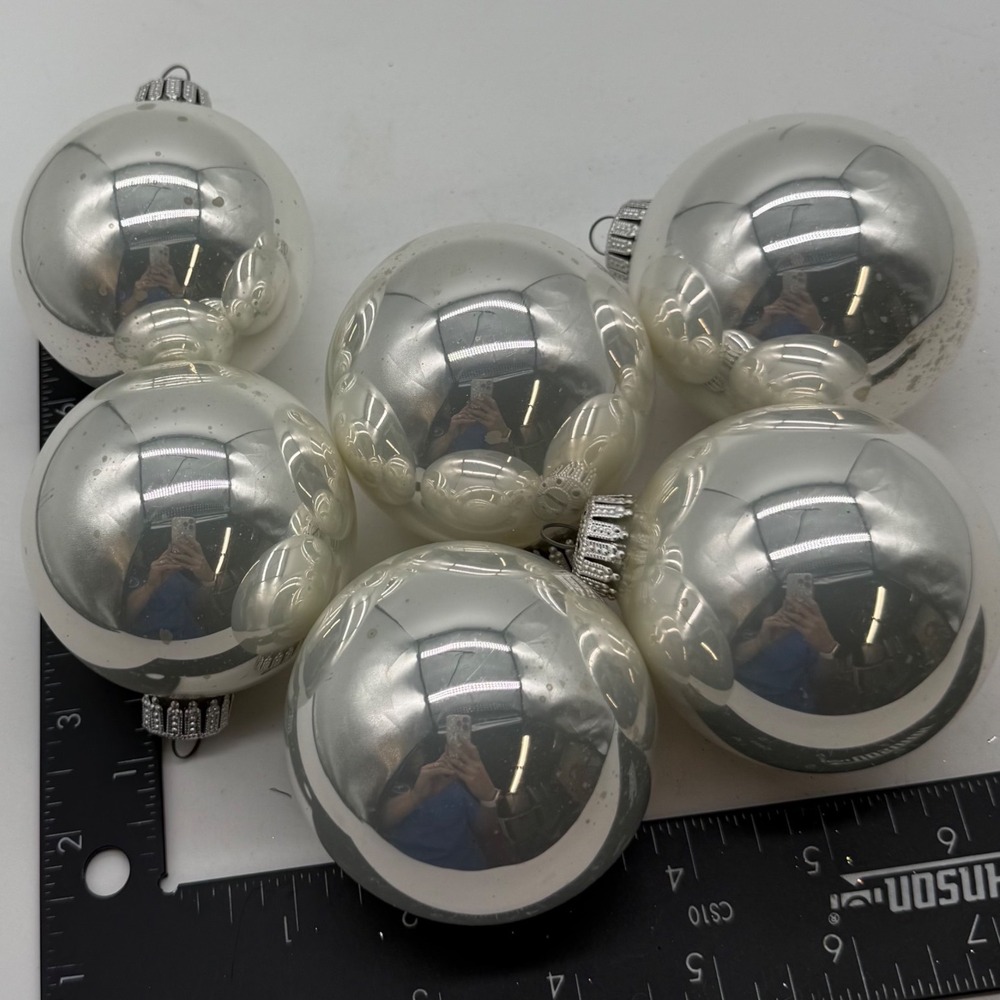 Vintage Silver Mercury Glass Ball Christmas Ornaments Set of 6 Reflective Round